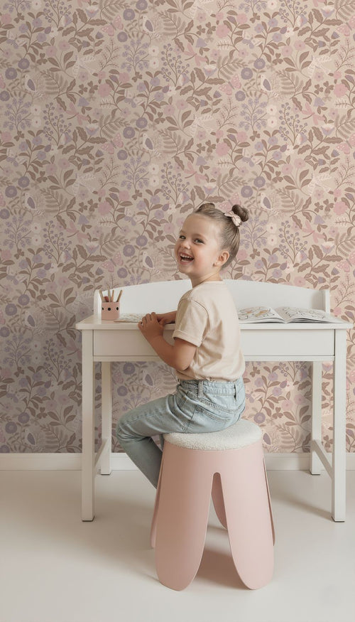 ESTAhome behang bloemen en vogels taupe en lila paars - 50 x 900 cm - 132231