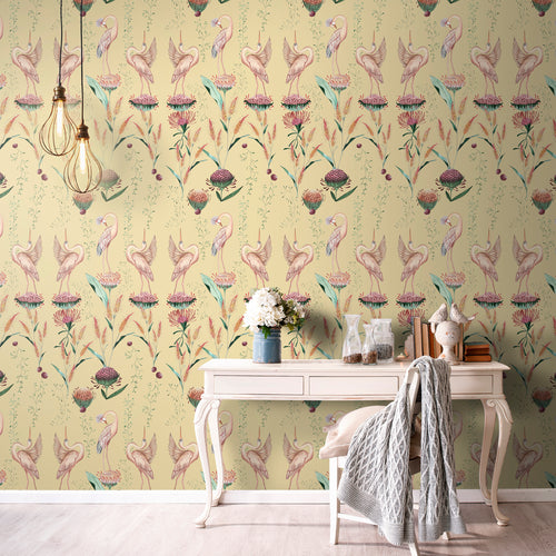 Walls4You behang kraanvogels geel en roze - 53 cm x 10 m - 640151
