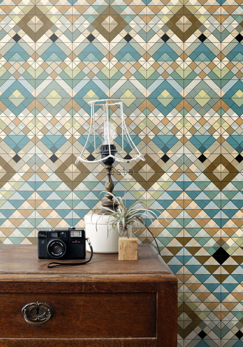 ESTAhome XXL behang Aztec-motief turquoise, beige en zeegroen - 50 x 900 cm - 158601