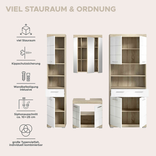 Furnilux Badkamercombinatie Lambada Met Hoge Kast Eik/Wit Hoogglans 186 Cm 4-Delig