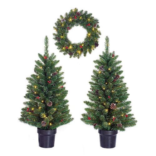 Black Box Trees Creston Kerstboom en Kerstkrans Set - 2 Kunstkerstbomen en 1 Krans met LED Verlichting - Groen