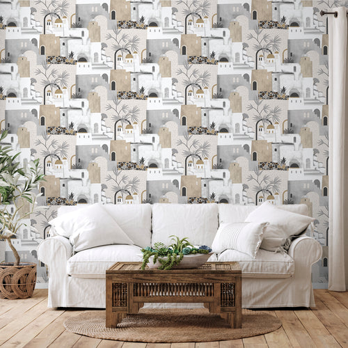 Sanders & Sanders behang mediterrane huisjes donker beige, grijs en wit - 53 cm x 10 m - 640078