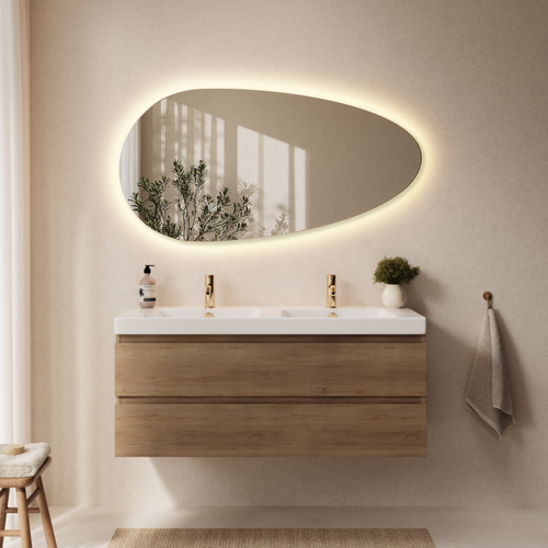 LOMAZOO badkamerspiegel Adana - organisch - met LED verlichting & spiegelverwarming - asymmetrisch - 120 x 61 cm