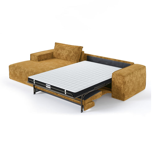 Premium Interiors - Linkshoekbank met snelle uitklapfunctie JUNE - gewaafd fluweel mosterd 320cm