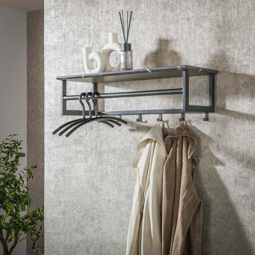 Giga Meubel Kapstok Roede - Zwart Metaal - 6 Haken - 80x30x24cm