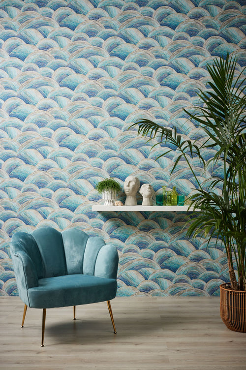 Livingwalls behang art deco bogen blauw, turquoise, goud en grijs - 53 cm x 10.05 m - AS-391051