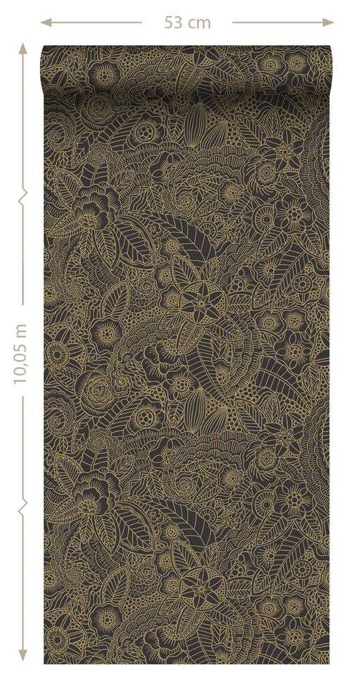 ESTAhome behang bloemtekeningen zwart en goud - 53 cm x 10.05 m - 139563