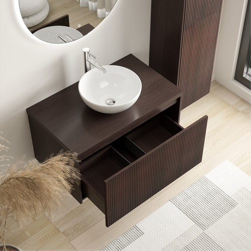 LOMAZOO badmeubelset Tropani - geribbeld - opbouw - met hoge kast & witte waskom - walnoot - 80 cm