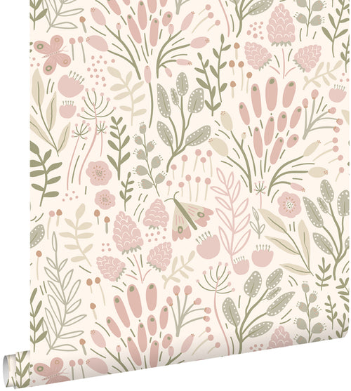 ESTAhome behang bladeren en bloemen wit en licht roze - 50 x 900 cm - 131384 - vtwonen shop