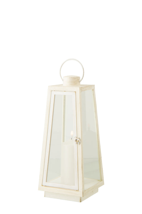 J-Line lantaarn + kaars - glas - wit - medium - LED lichtjes
