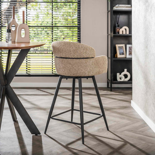 Giga Meubel Barstoel Ronde Rug - Zand Bouclé - Draaibaar - Zithoogte 68cm - Set van 2