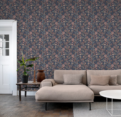 ESTAhome behang vintage bloemen donkerblauw en terracotta bruin - 50 x 900 cm - 131335 - vtwonen shop