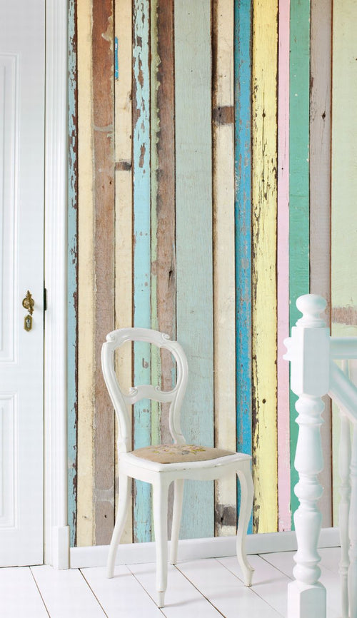 ESTAhome fotobehang sloophout licht roze, geel, blauw en groen - 200 x 279 cm - 157703