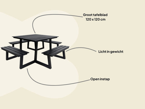MaximaVida vierkante aluminium picknicktafel Dex 215 cm zwart - open instap