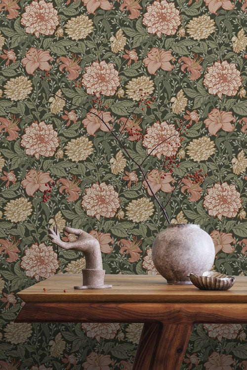 ESTAhome behang vintage bloemen vergrijsd groen en terracotta roze - 53 cm x 10.05 m - 139381