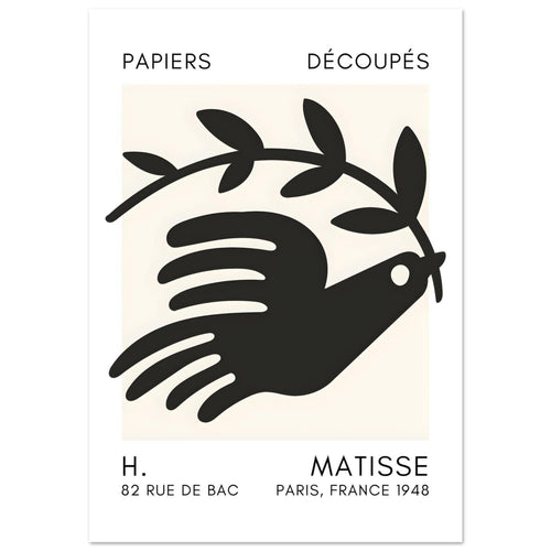 Artfulprints Poster met Lijst Matisse - Peace dove black   - 50x70 cm - Zwart