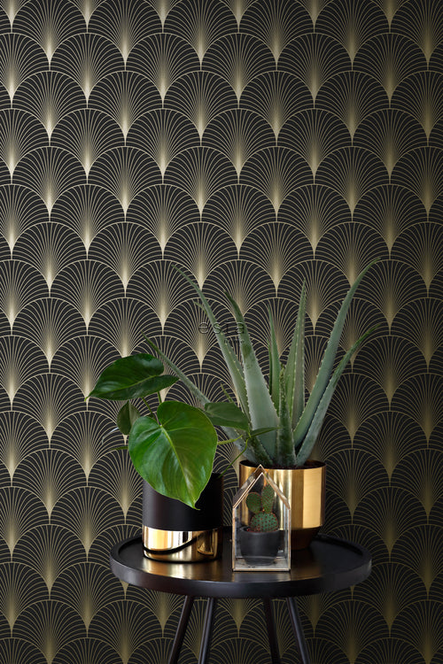 ESTAhome behang art deco motief zwart en goud - 53 cm x 10.05 m - 139457