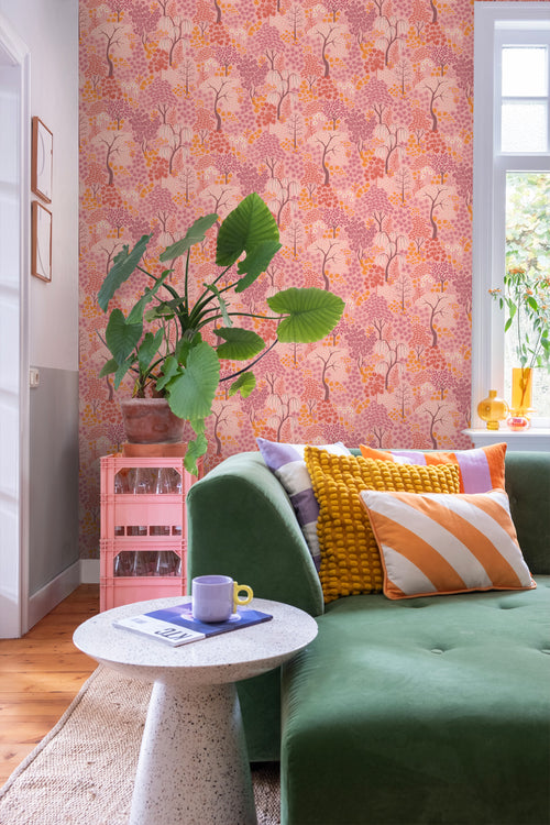 ESTAhome behang bomen en bloemen roze, paars en oranje - 50 x 900 cm - 131188 - vtwonen shop