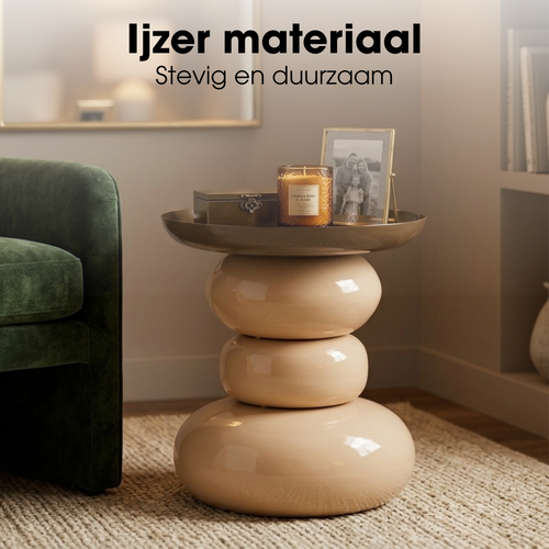 Mica Decorations Zita Bijzettafel - Bijzettafeltje Rond - Woonkamer Decoratie - 42 x 37 cm - IJzer, MDF, Fluweel - Bruin Creme