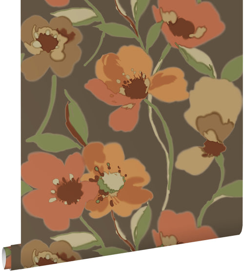 ESTAhome behang bloemen oranje en vergrijsd groen - 50 x 900 cm - 130990 - vtwonen shop