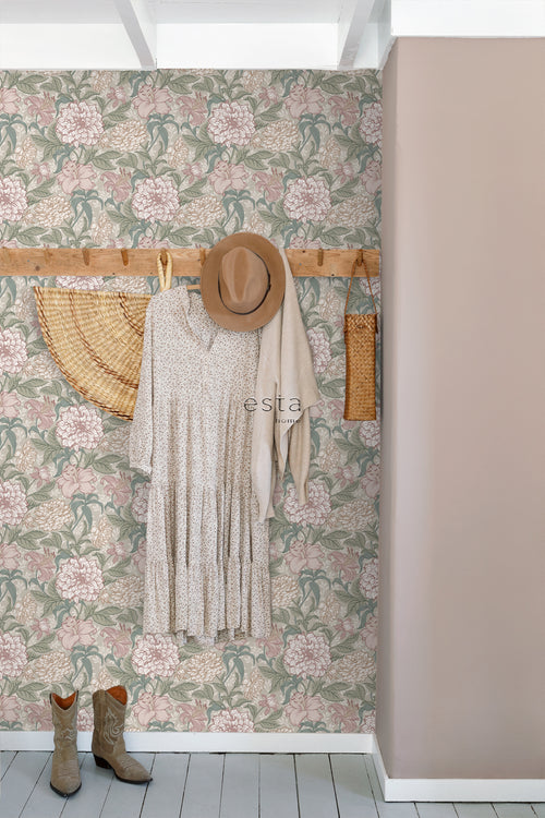 ESTAhome behang vintage bloemen oudroze en vergrijsd groen - 53 cm x 10.05 m - 139377