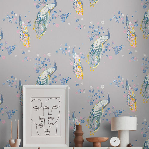 Livingwalls behang vogel grijs, blauw, roze, wit en oranje - 53 cm x 10.05 m - AS-389065