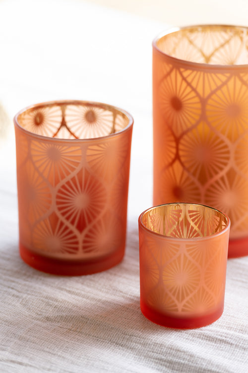 J-Line windlicht Ruit Bloemen - glas - oranje - large