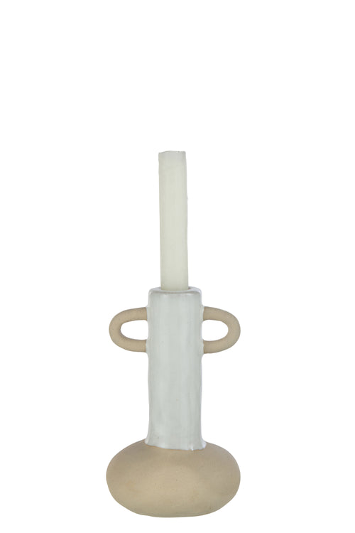 J-Line kandelaar/vaas Handvaten - porselein - wit/beige -  2 stuks - 17.5 cm hoog