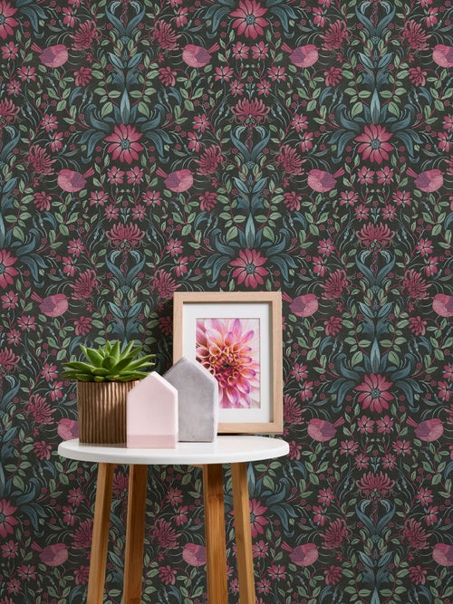 Livingwalls behang bloemmotief zwart, roze, blauw en groen - 53 cm x 10,05 m - AS-390751 - vtwonen shop