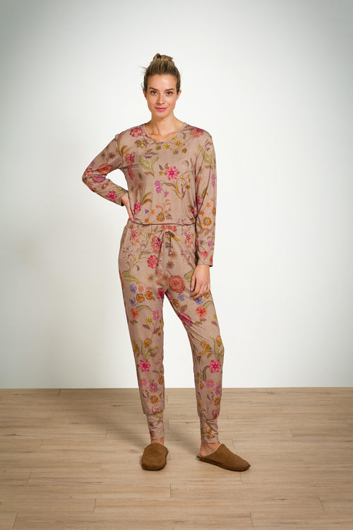 Pip Studio - Trice Pyjama t-shirt - Lange mouw Dames - Coco Flower - Zand - XXL - vtwonen shop