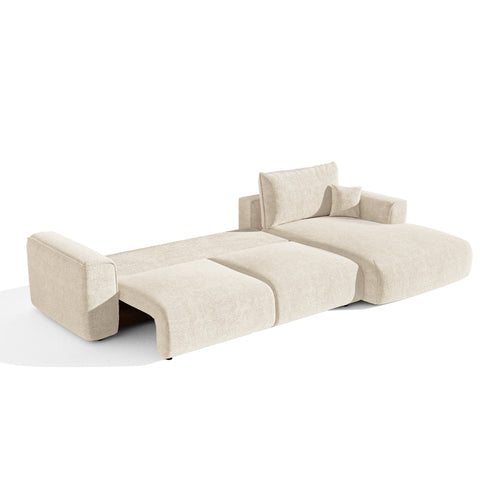 Premium Interiors - Rechthoekige hoekbank met slaapfunctie en opbergruimte COMO - bouclé-stof crème 297cm