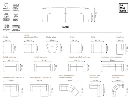 LaMiaSofa 4-zits bank Bari - velours - parel - 319x89x70