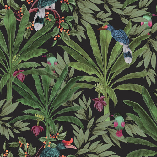 ESTAhome behang tropische jungle bladeren zwart en jungle groen - 53 cm x 10.05 m - 139190