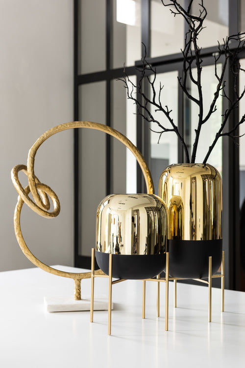 J-Line windlicht Op Voet - kaarshouder - glas - zwart/goud - small