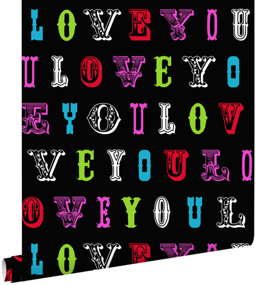 ESTAhome behang love you - quotes multicolor op zwart - 53 cm x 10.05 m - 136839