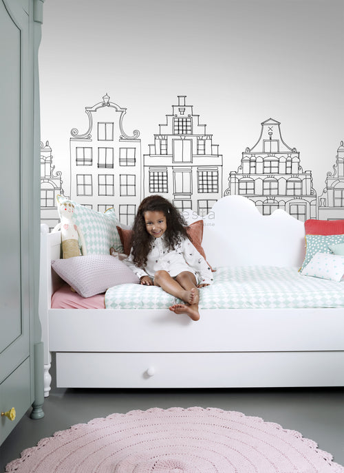 ESTAhome fotobehang getekende Amsterdamse grachtenhuisjes zwart en wit - 450 x 279 cm - 159104 - vtwonen shop