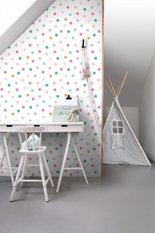 ESTAhome behang stip turquoise, paars, groen en oranje - 50 x 900 cm - 131621