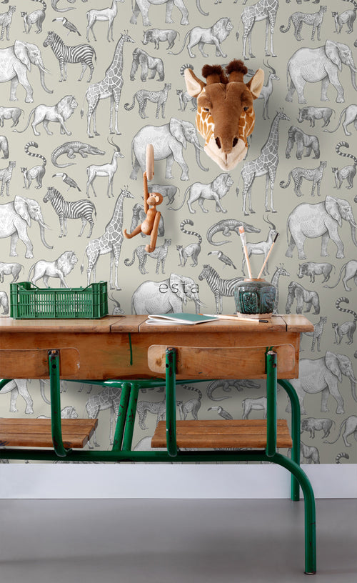 ESTAhome behang jungle dieren groen grijs - 53 cm x 10.05 m - 139270