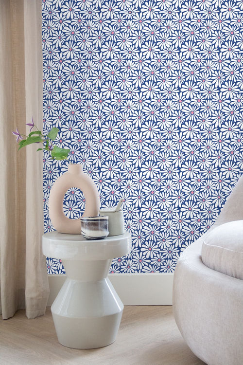 ESTAhome behang madeliefjes blauw en roze - 53 cm x 10.05 m - 131150