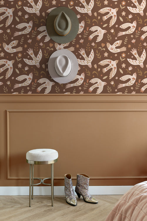 ESTAhome behang bloemen en vogels bruin - 50 x 900 cm - 131755