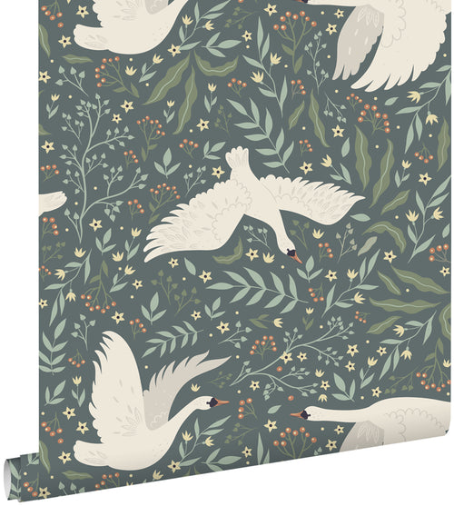 ESTAhome behang zwanen vergrijsd blauw en wit - 53 cm x 10.05 m - 139798