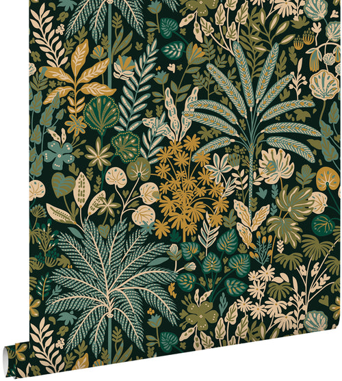 ESTAhome behang tropische bladeren en bloemen groen, blauw, mosterdgeel en beige - 50 x 900 cm - 130947 - vtwonen shop