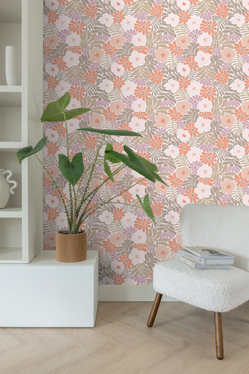 ESTAhome behang bloemen in Matisse stijl oranje, paars en licht roze - 50 x 900 cm - 131003 - vtwonen shop