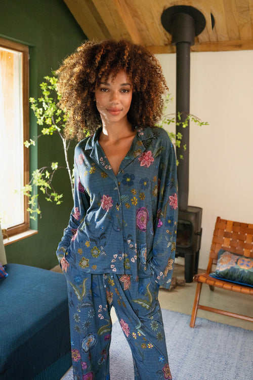 Pip Studio - Faye Pyjama t-shirt - Lange mouw Dames - Coco Flower - Blauw - L