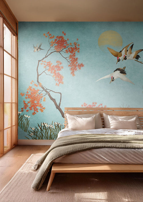Sanders & Sanders fotobehang kraanvogels blauw en oranje - 424 x 280 cm - 640811