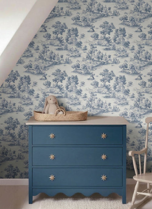 Sanders & Sanders behang toile de jouy print blauw - 53 cm x 10 m - 641035