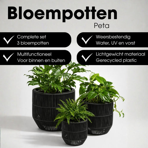 Mica Decorations Peta Bloempot voor Buiten – Set van 3 – Plantenpot voor Bloemen en Buitenplanten – Bloempotten voor Buiten – Zwart