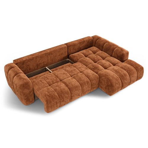 Premium Interiors - Rechthoekige hoekbank met slaapfunctie en opbergruimte SKY - gewaafd fluweel terracotta 310cm