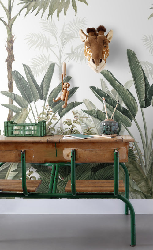 ESTAhome fotobehang jungle-motief wit en vergrijsd olijfgroen - 300 x 279 cm - 158951 - vtwonen shop