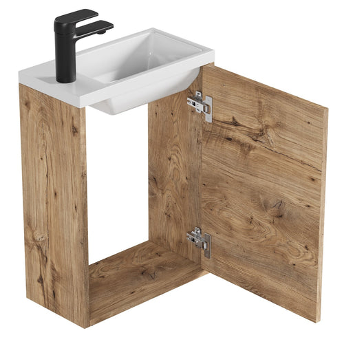Badplaats Toiletmeubel Florence 40 x 22 cm – Kastanje eiken – Fonteinmeubel met Witte Wastafel
